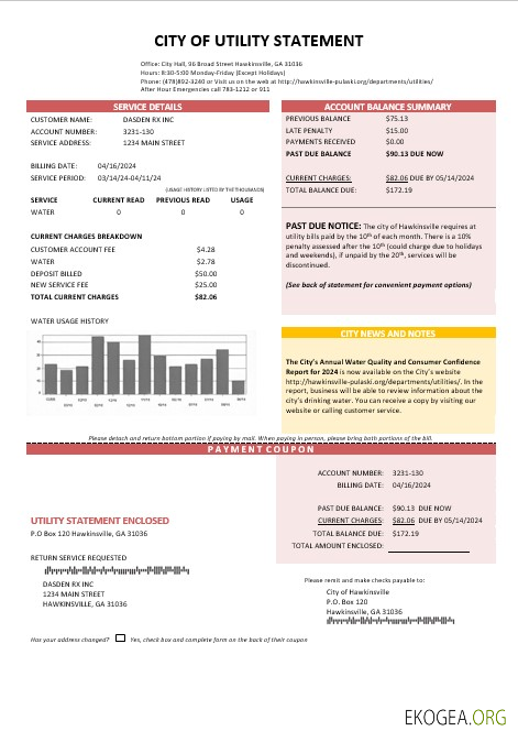 Modèle de facture de services publics de l'eau de la déclaration de la ville des États Unis aux formats Word et PDF